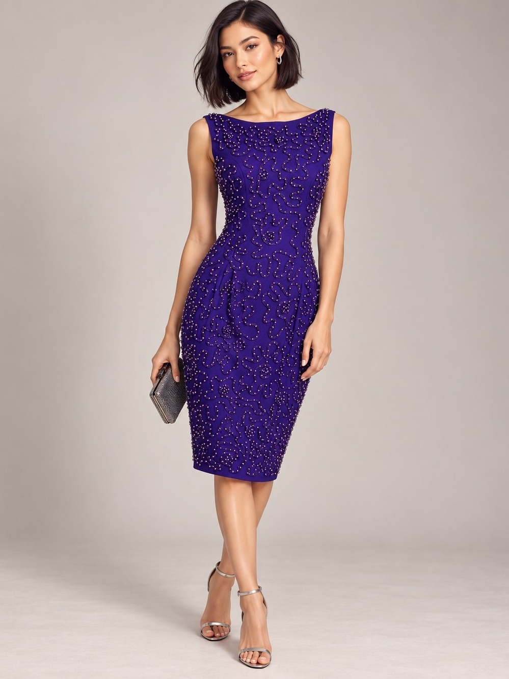 Carmen Marc Valvo Purple Beaded Wool Cocktail Evening Dress Size 6